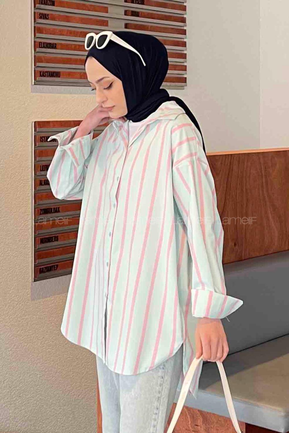 Lamelif Oversize Kalın Çizgi Detaylı Gömlek Su Yeşili