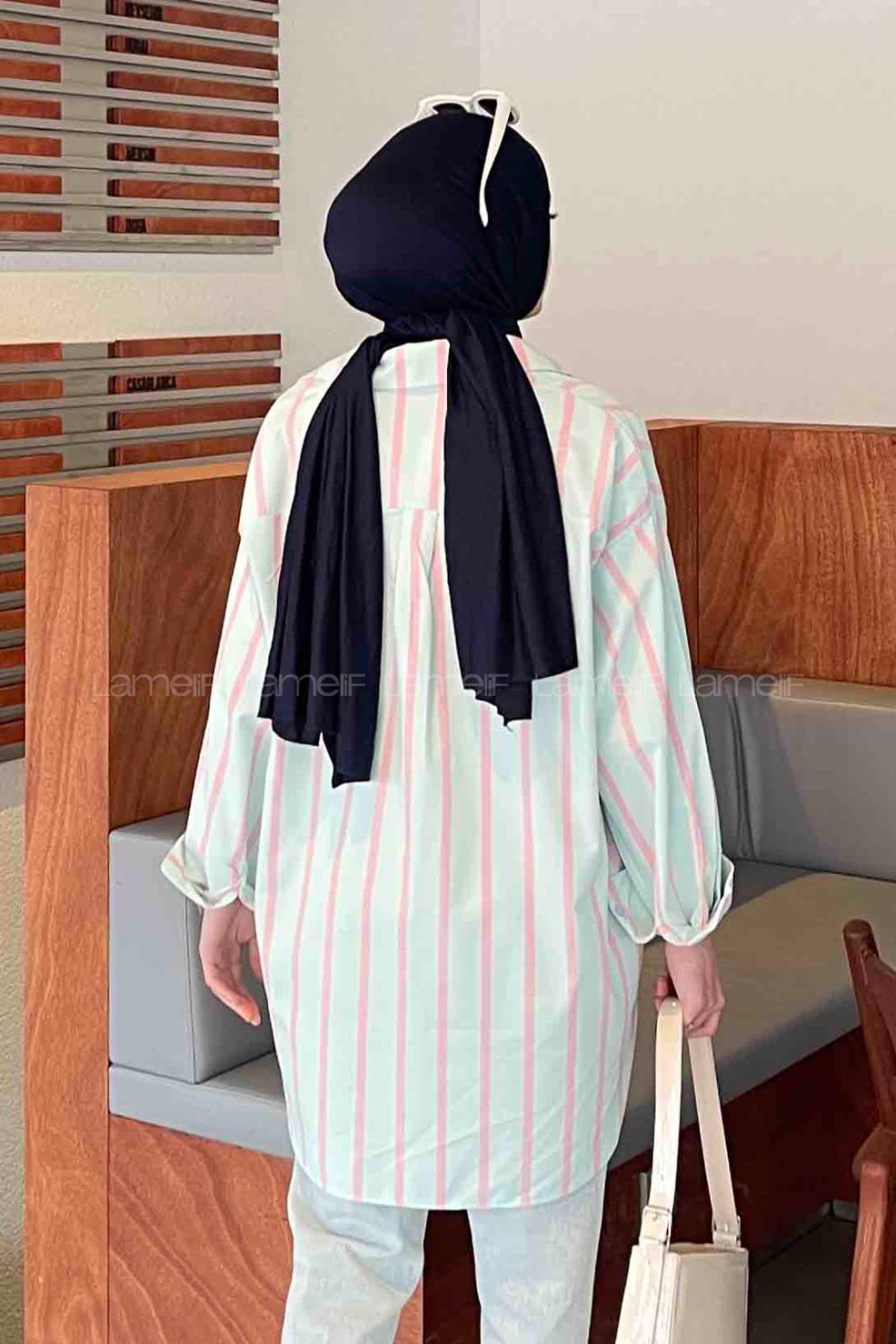 Lamelif Oversize Kalın Çizgi Detaylı Gömlek Su Yeşili