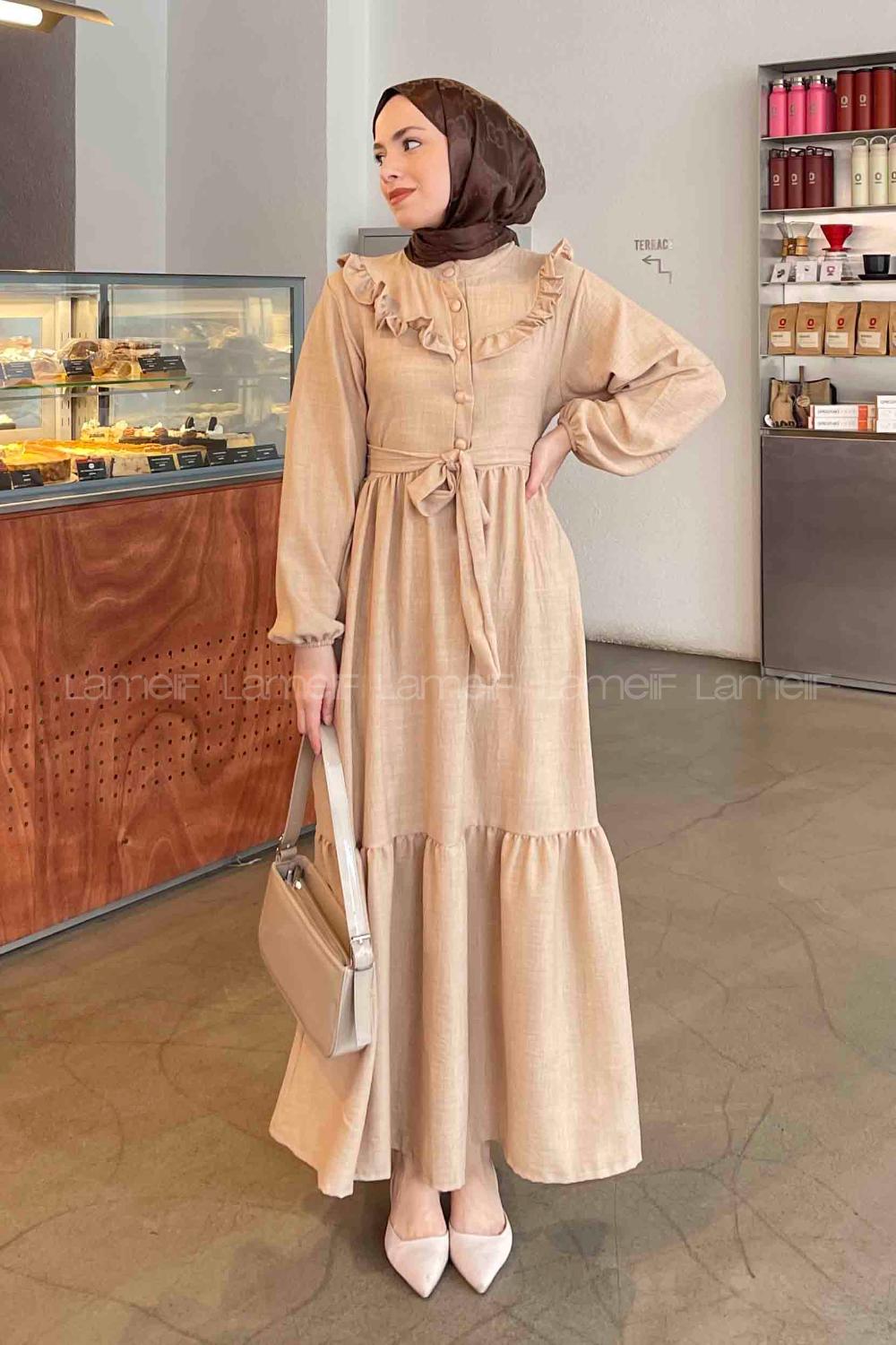 Lamelif Roba Volan Detaylı Elbise Bej