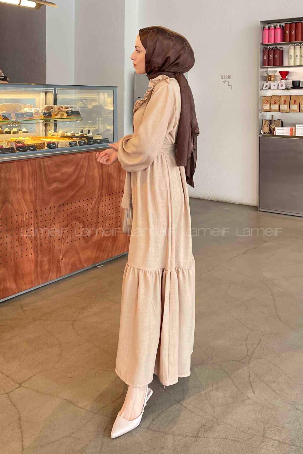 Lamelif Roba Volan Detaylı Elbise Bej