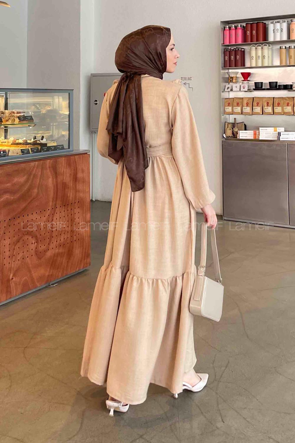 Lamelif Roba Volan Detaylı Elbise Bej