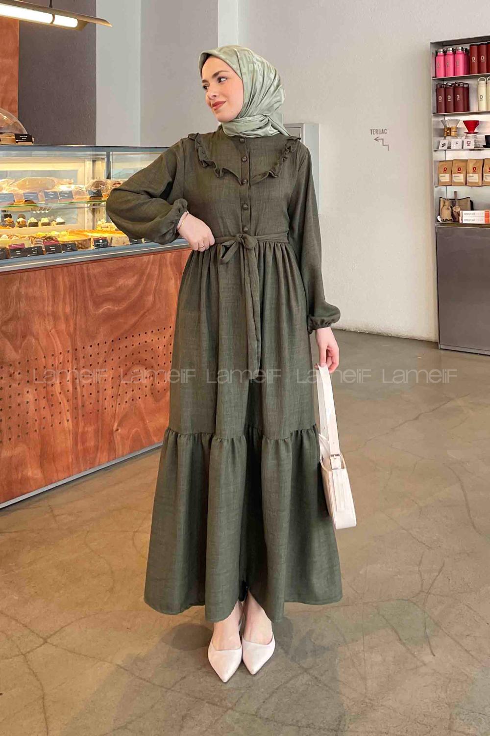 Lamelif Roba Volan Detaylı Elbise Haki