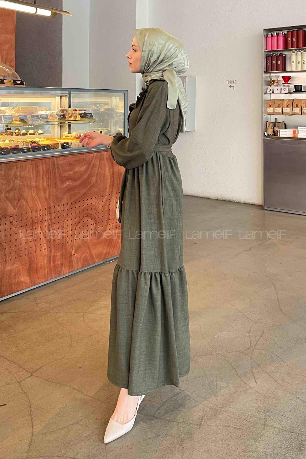 Lamelif Roba Volan Detaylı Elbise Haki