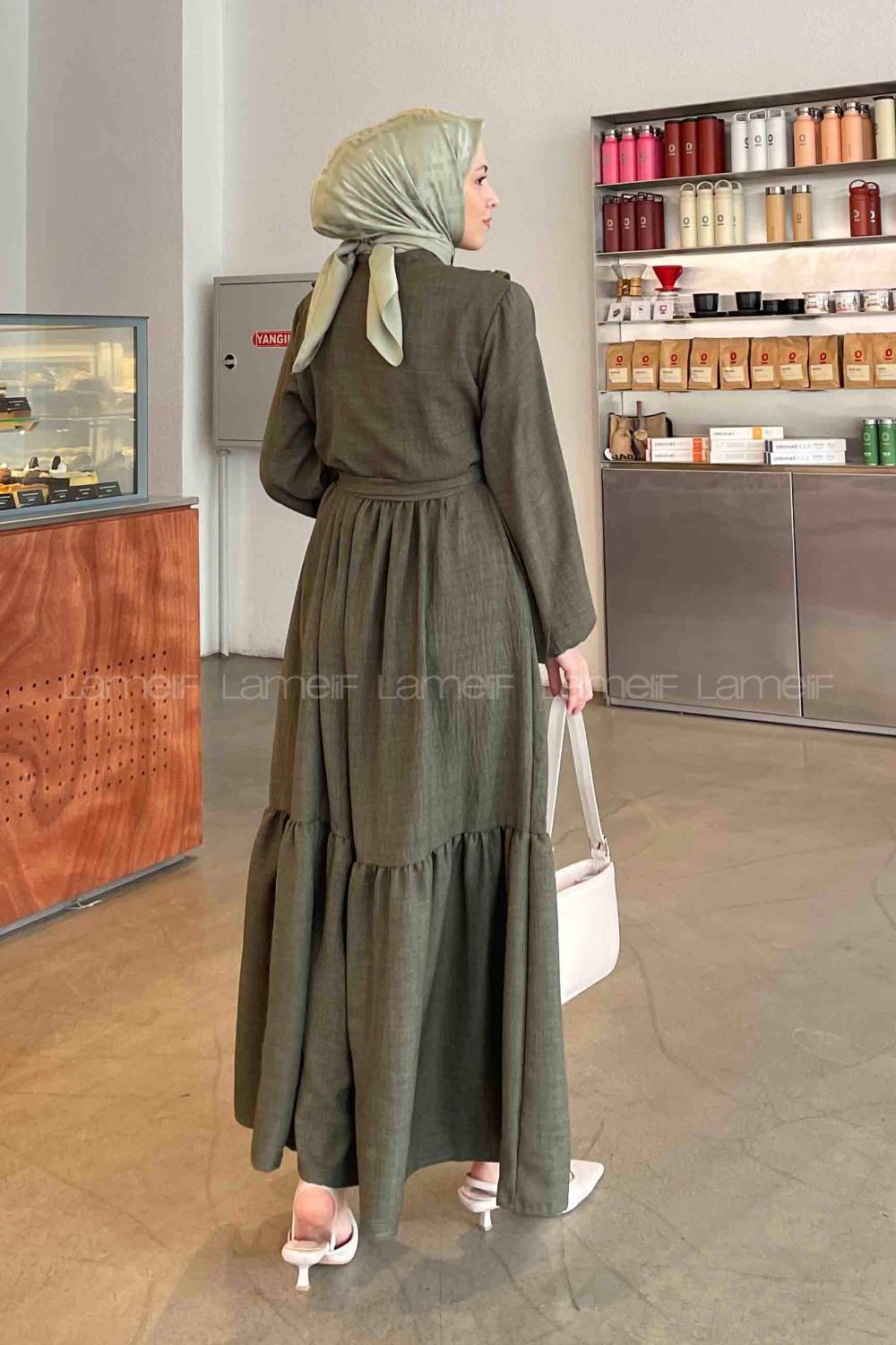 Lamelif Roba Volan Detaylı Elbise Haki