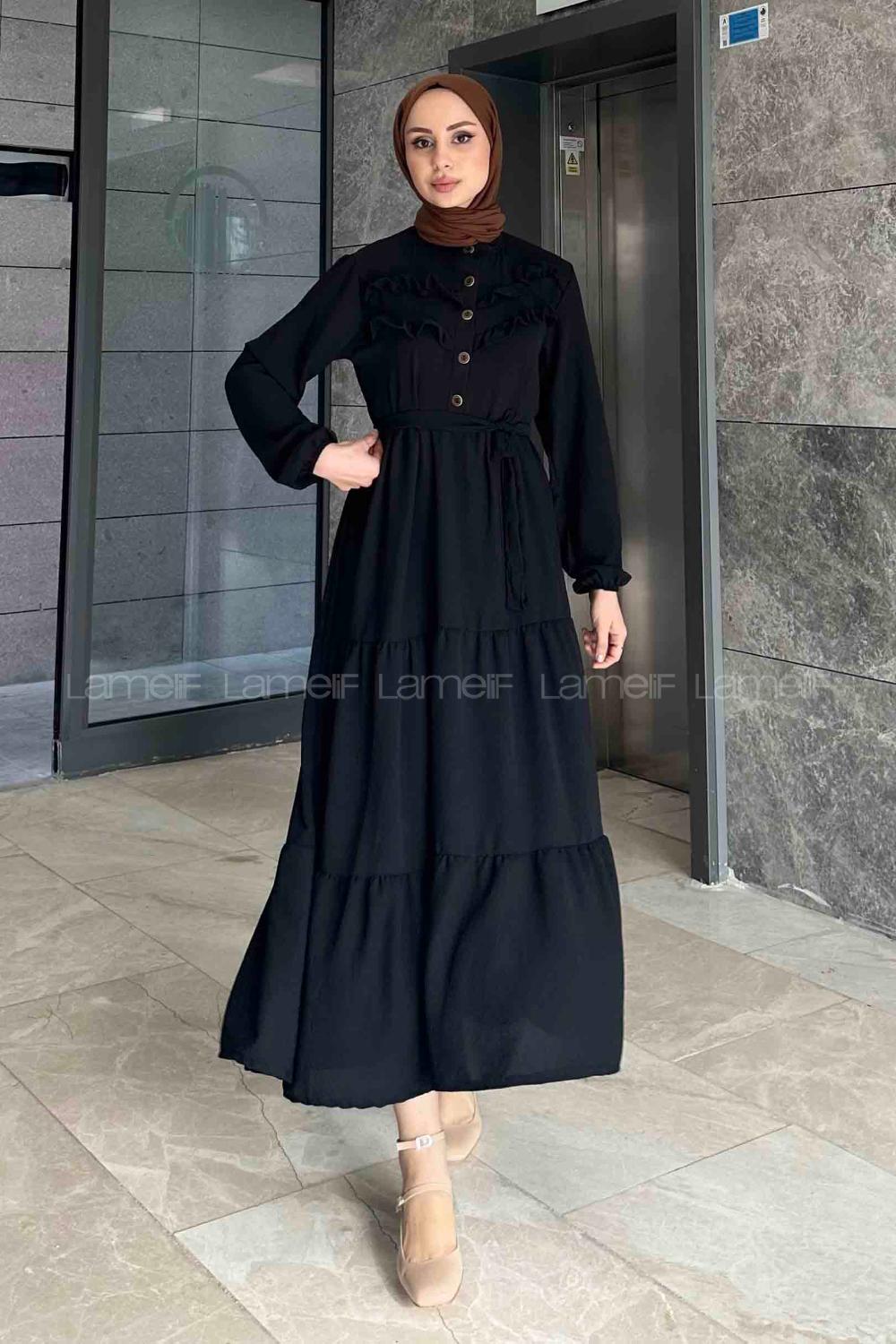 Lamelif Yaka Fırfır Detaylı Yarım Düğmeli Elbise Siyah