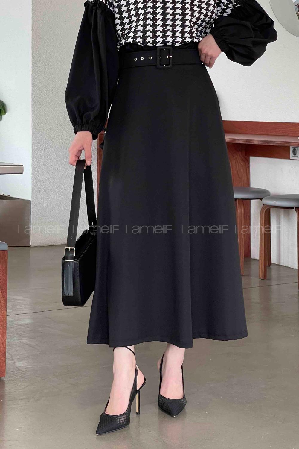 Black Cotton Unprinted Flare Skirt
