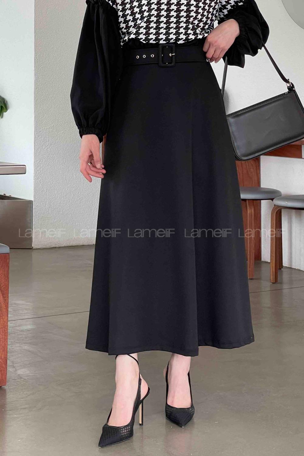 Black Cotton Unprinted Flare Skirt