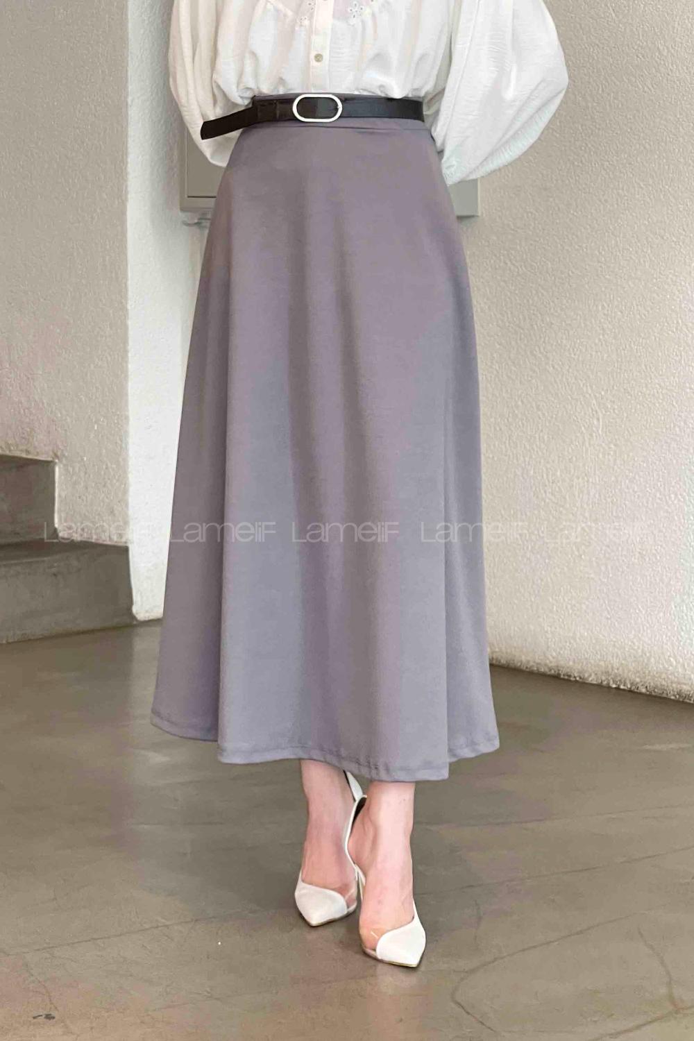 Lamelif Kloş Etek Krem Gri