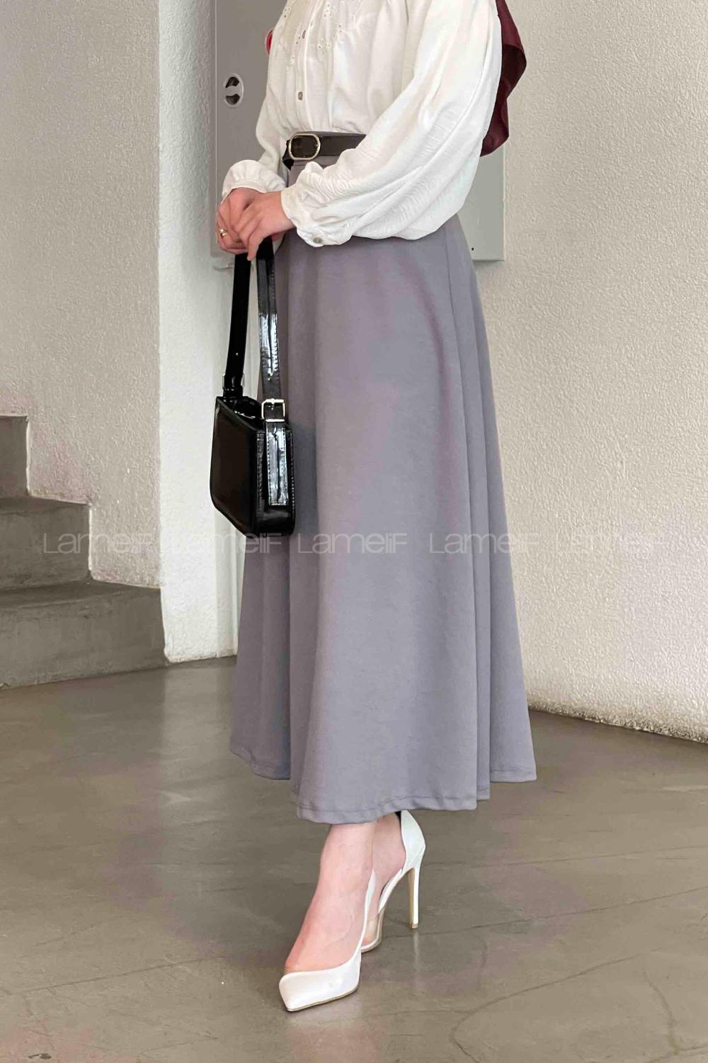 Lamelif Kloş Etek Krem Gri