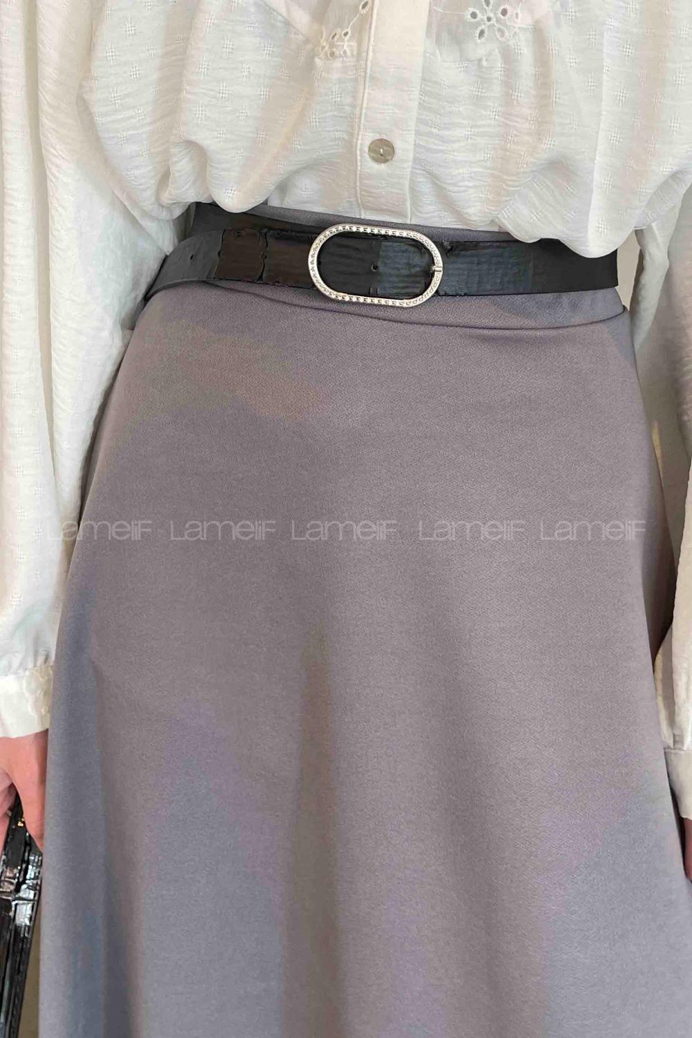 Lamelif Kloş Etek Krem Gri