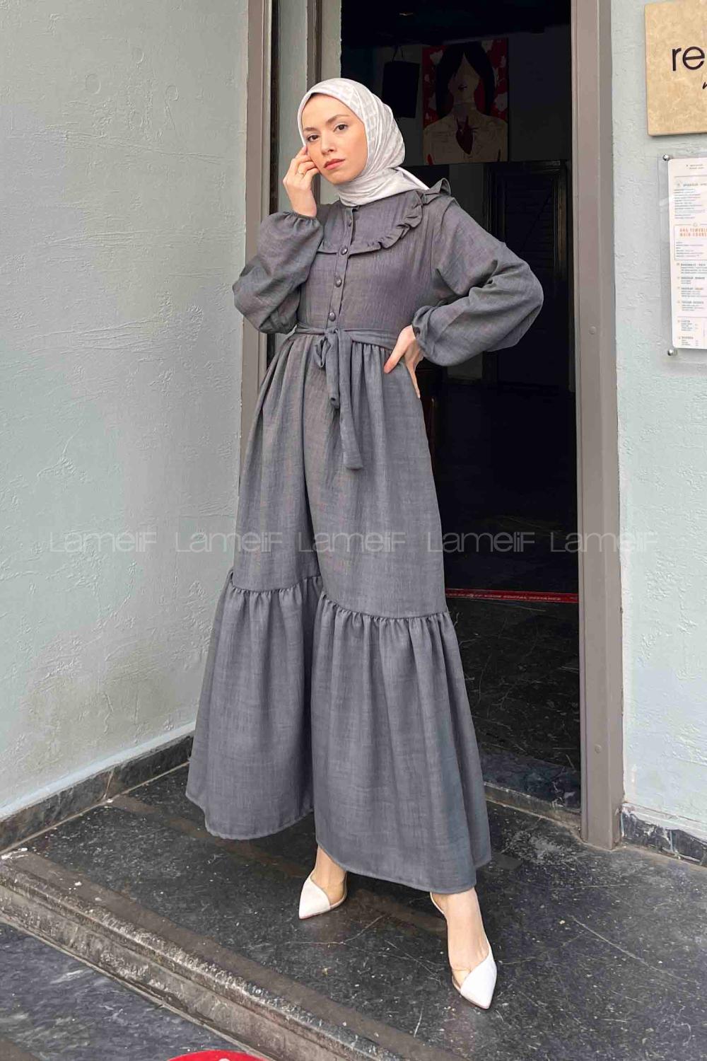 Lamelif Roba Volan Detaylı Elbise Füme