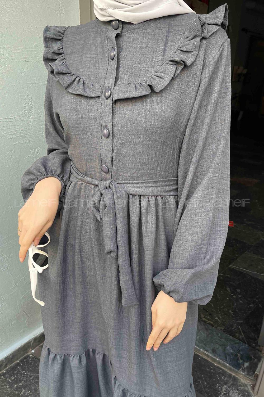 Lamelif Roba Volan Detaylı Elbise Füme