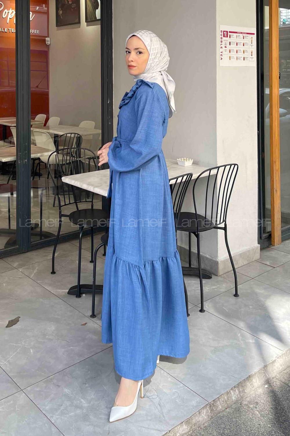 Lamelif Roba Volan Detaylı Elbise İndigo