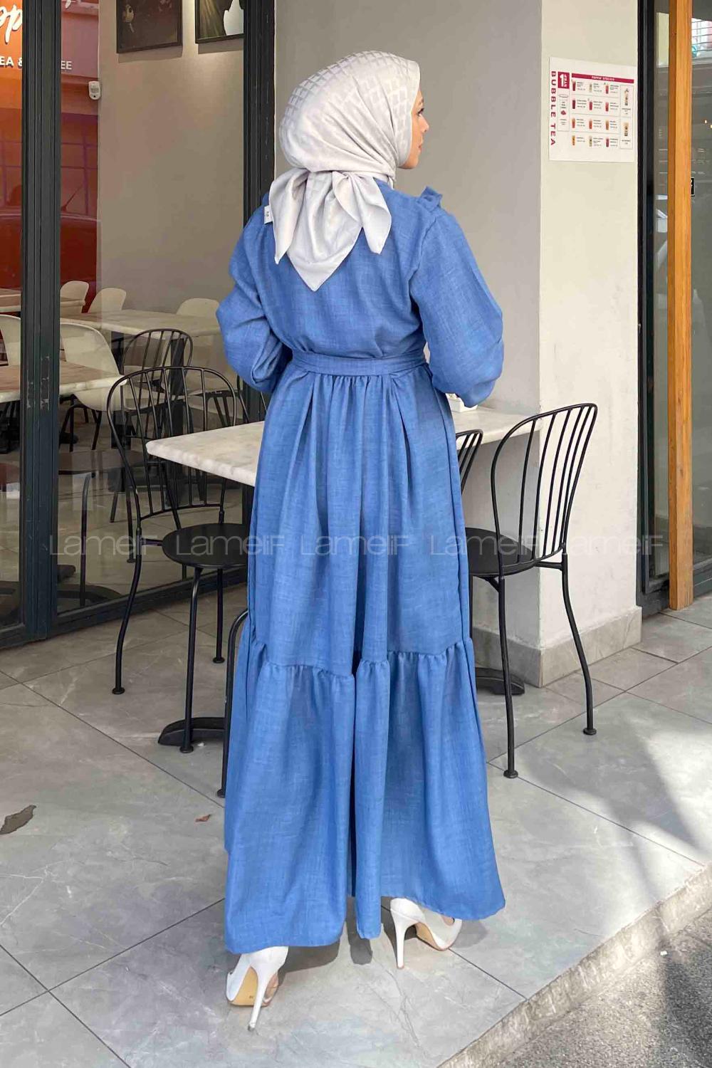 Lamelif Roba Volan Detaylı Elbise İndigo