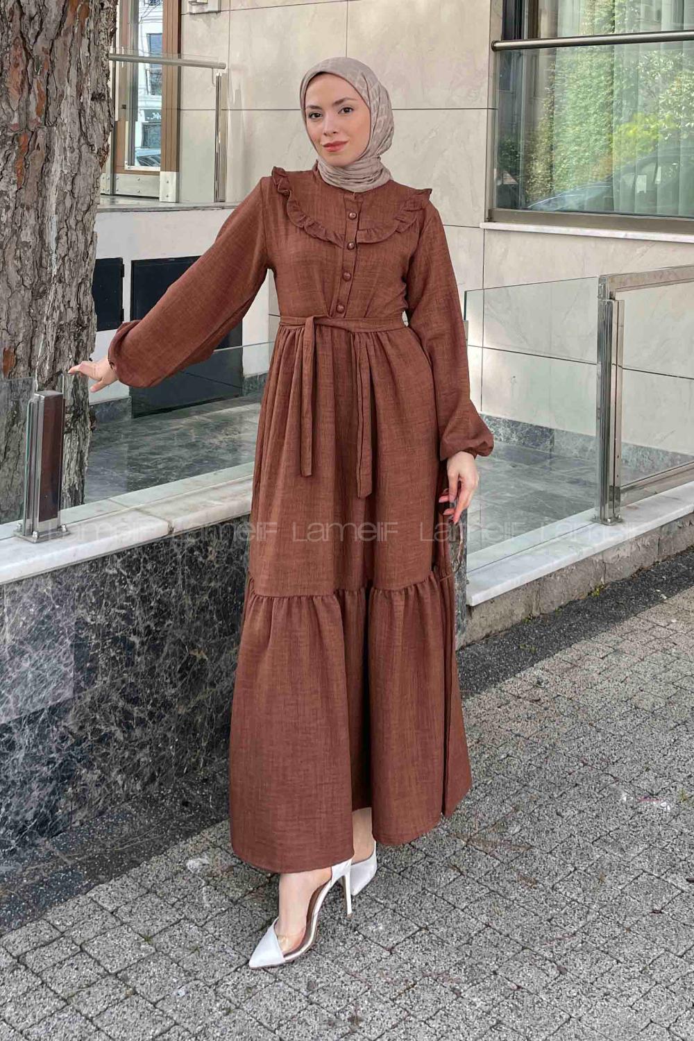 Brown Mandarin Collar Cotton Unprinted Dresess