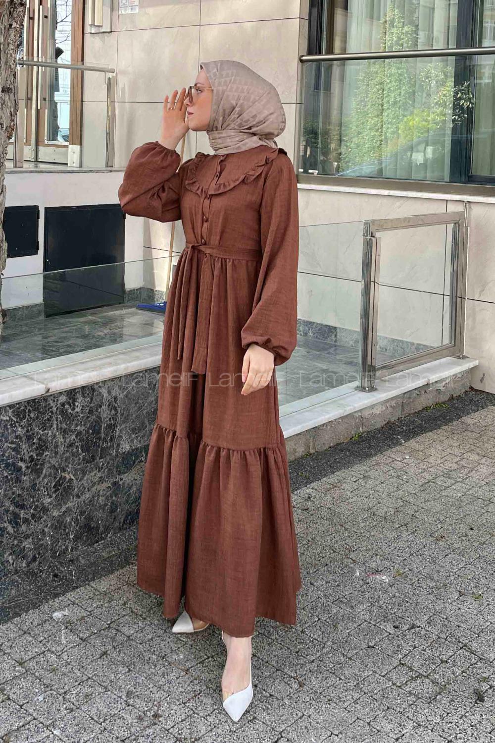 Brown Mandarin Collar Cotton Unprinted Dresess