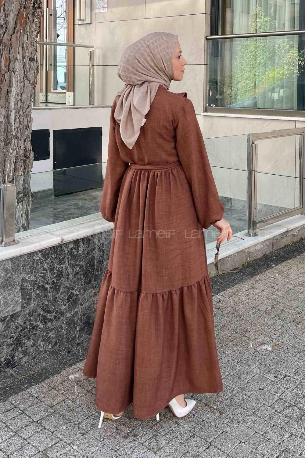 Brown Mandarin Collar Cotton Unprinted Dresess