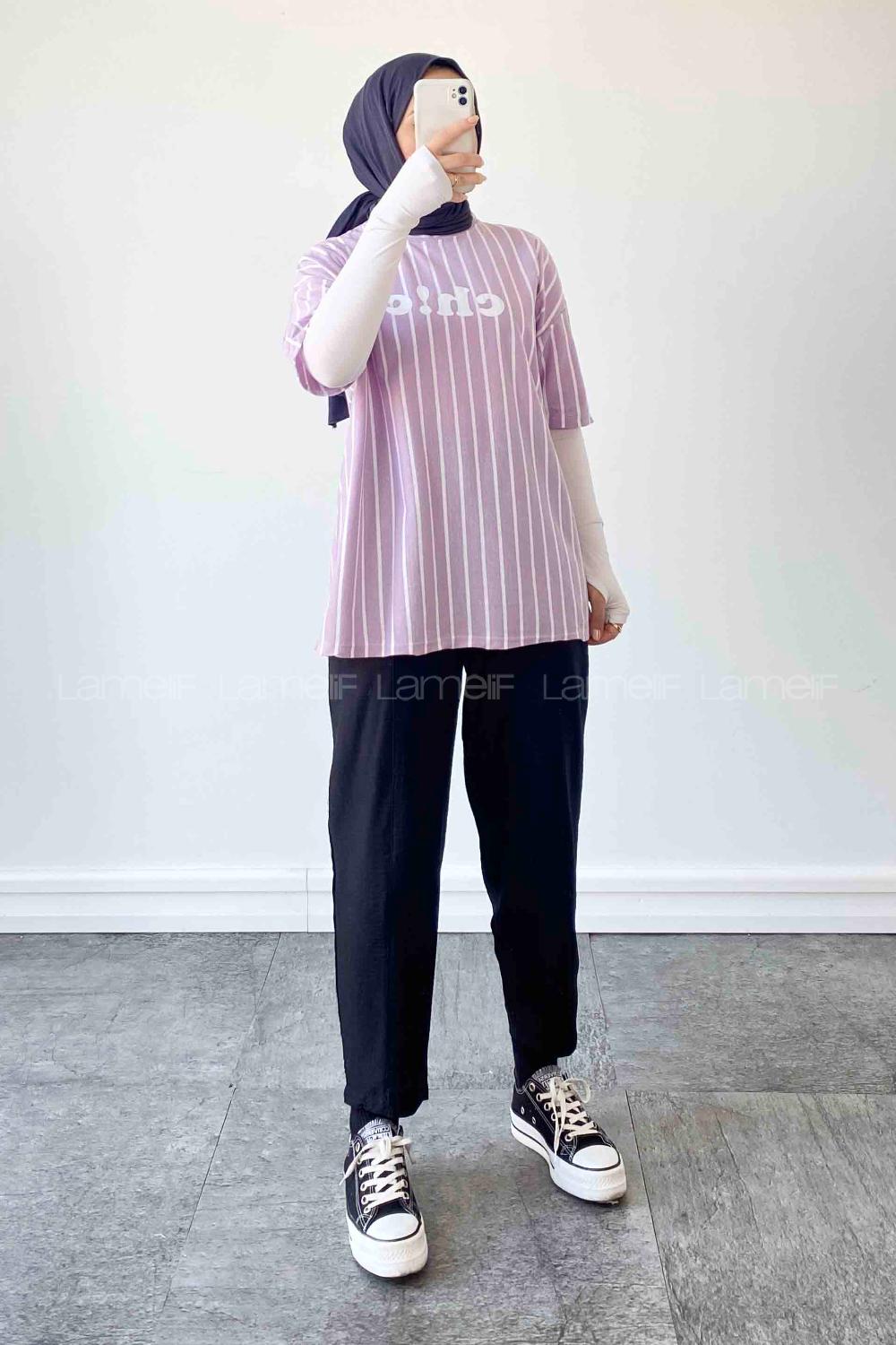 Lamelif  Çizgi Desenli T-Shirt Lila