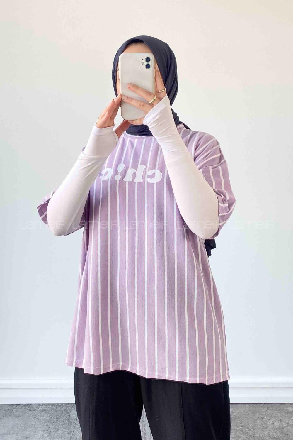 Lamelif  Çizgi Desenli T-Shirt Lila