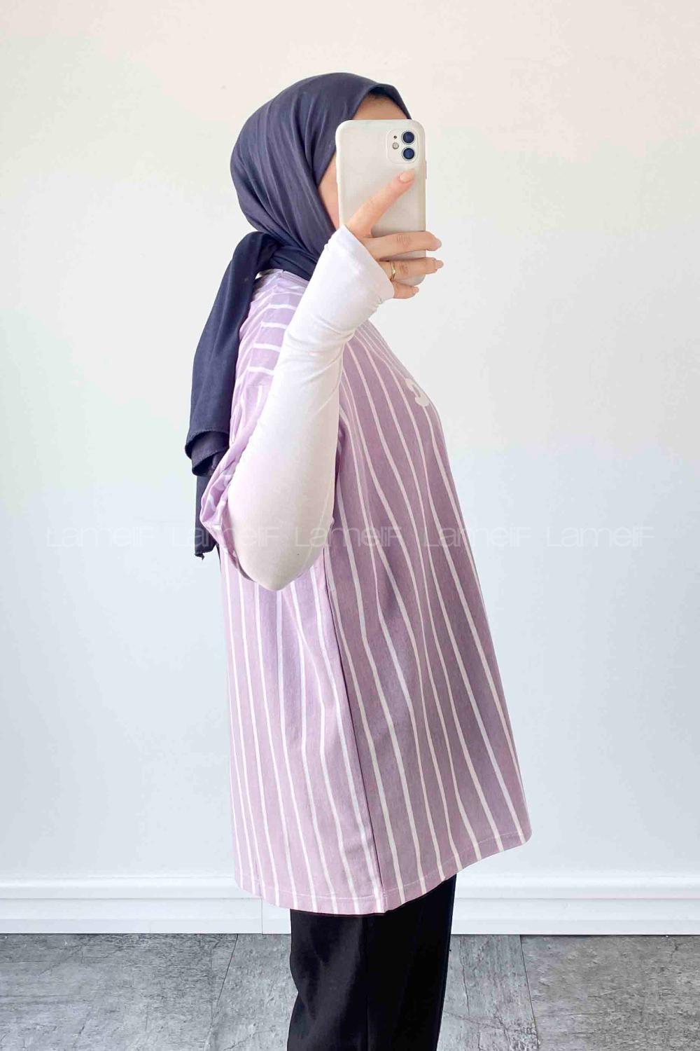 Lamelif  Çizgi Desenli T-Shirt Lila