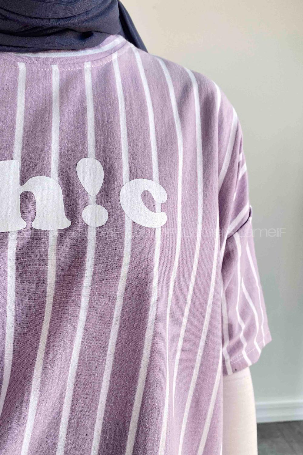 Lamelif  Çizgi Desenli T-Shirt Lila