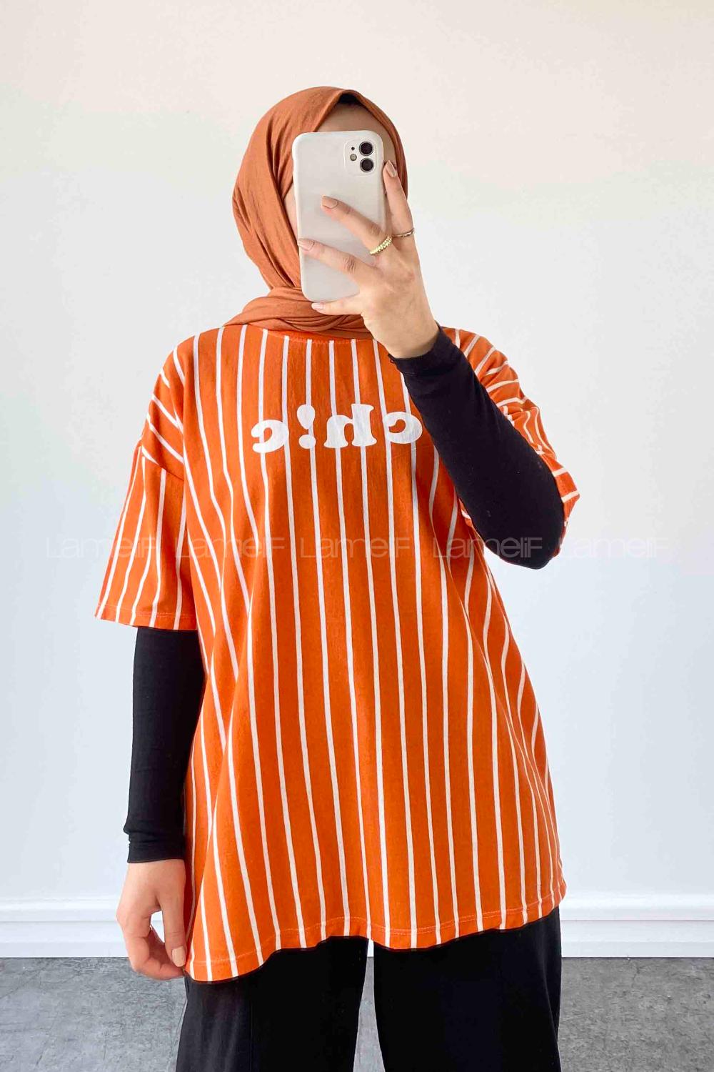 Lamelif  Çizgi Desenli T-Shirt Turuncu