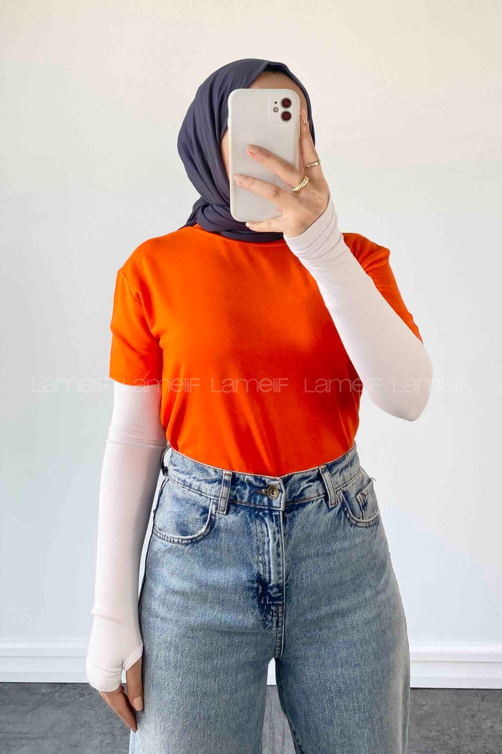 Lamelif Dikişsiz Kol Detaylı  Düz Kısa T-shirt Turuncu