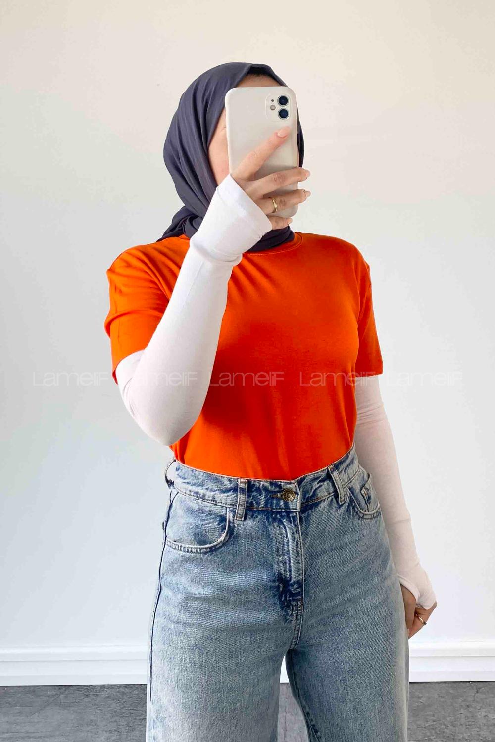 Lamelif Dikişsiz Kol Detaylı  Düz Kısa T-shirt Turuncu