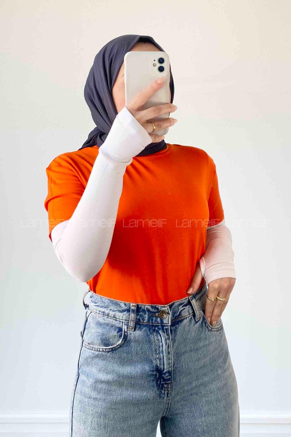 Lamelif Dikişsiz Kol Detaylı  Düz Kısa T-shirt Turuncu