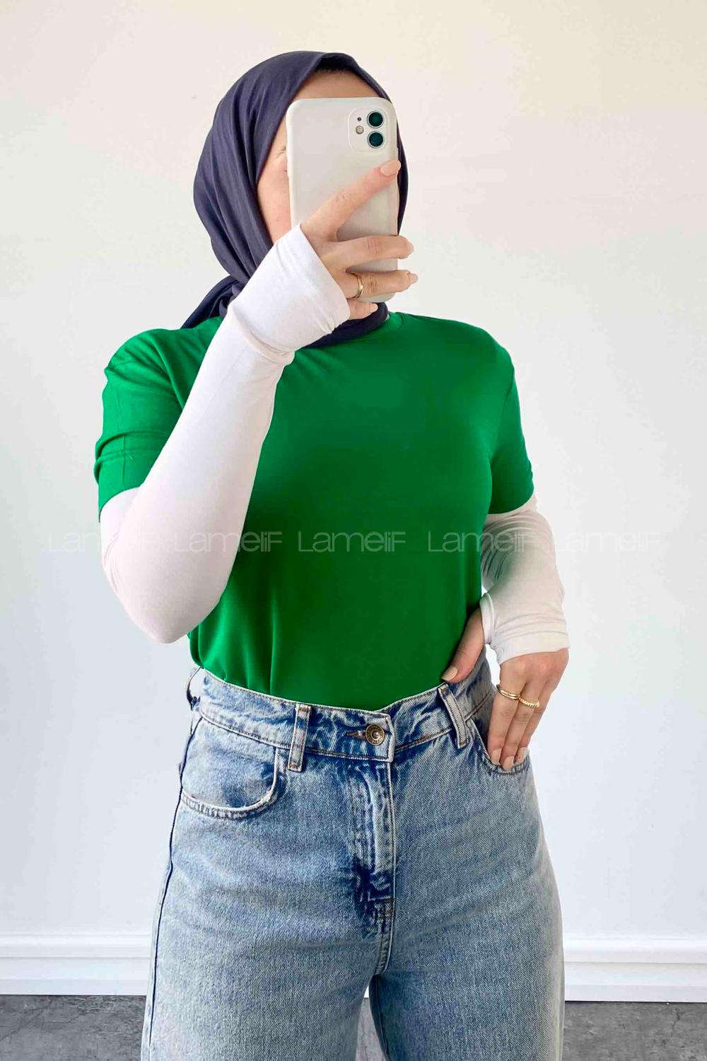 Lamelif Dikişsiz Kol Detaylı  Düz Kısa T-shirt Yeşil