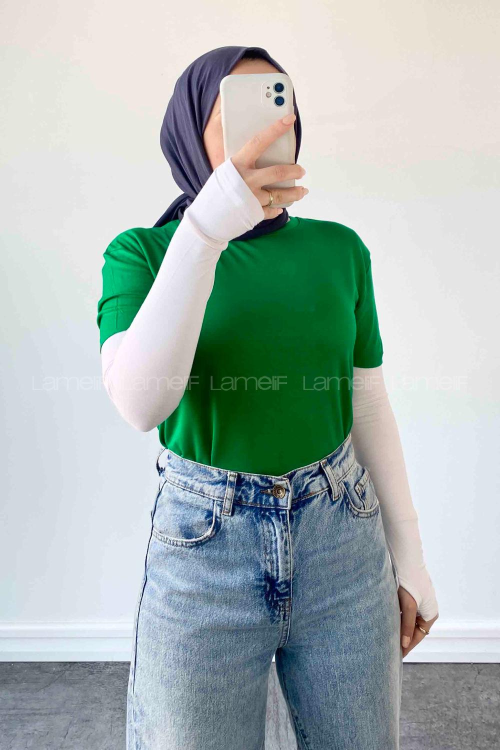 Lamelif Dikişsiz Kol Detaylı  Düz Kısa T-shirt Yeşil