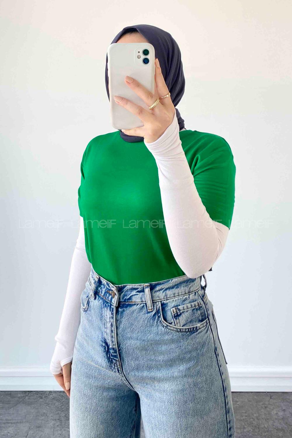 Lamelif Dikişsiz Kol Detaylı  Düz Kısa T-shirt Yeşil