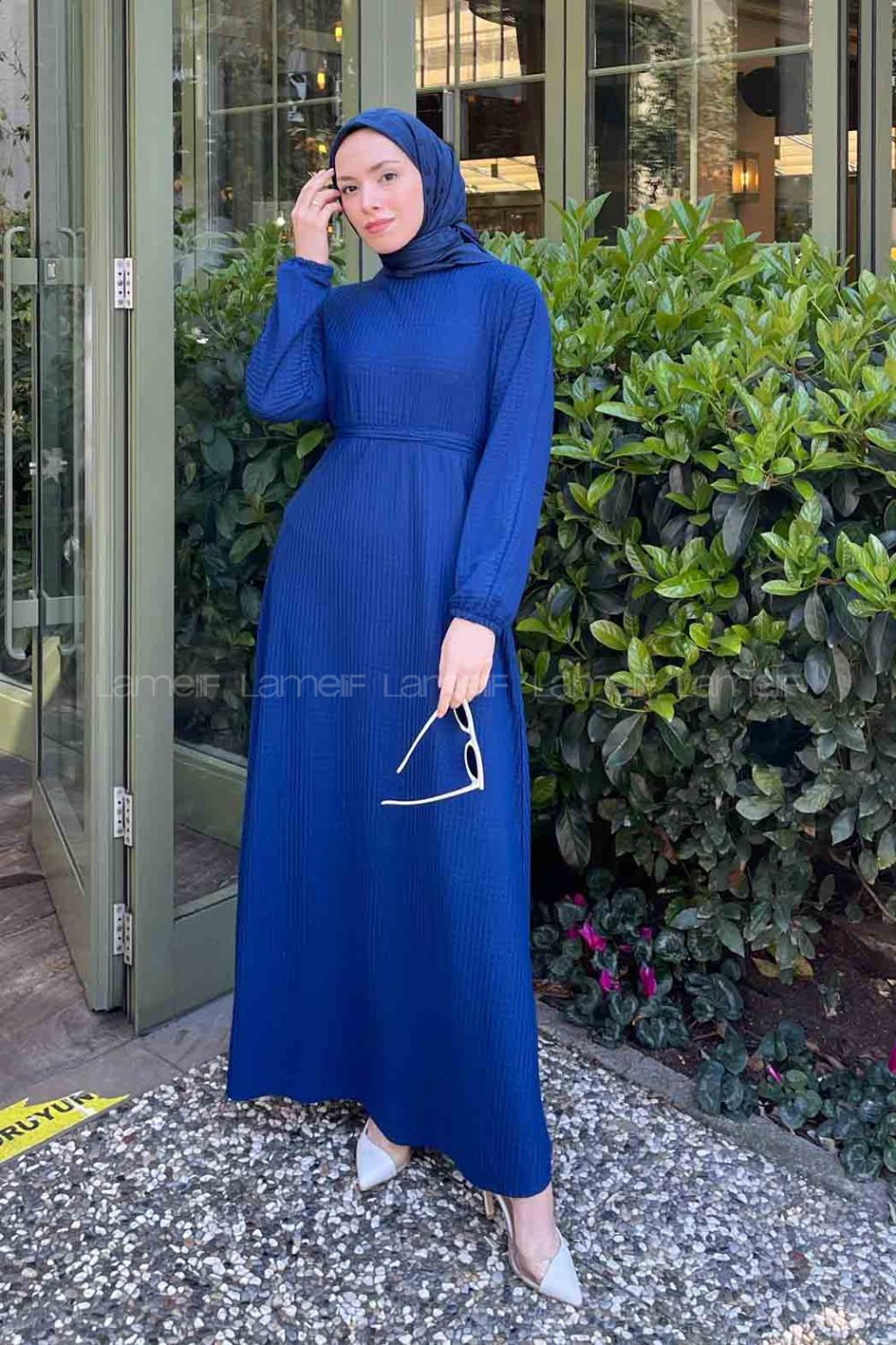 Lamelif Kendinden Desenli Mevlana Model Elbise Lacivert