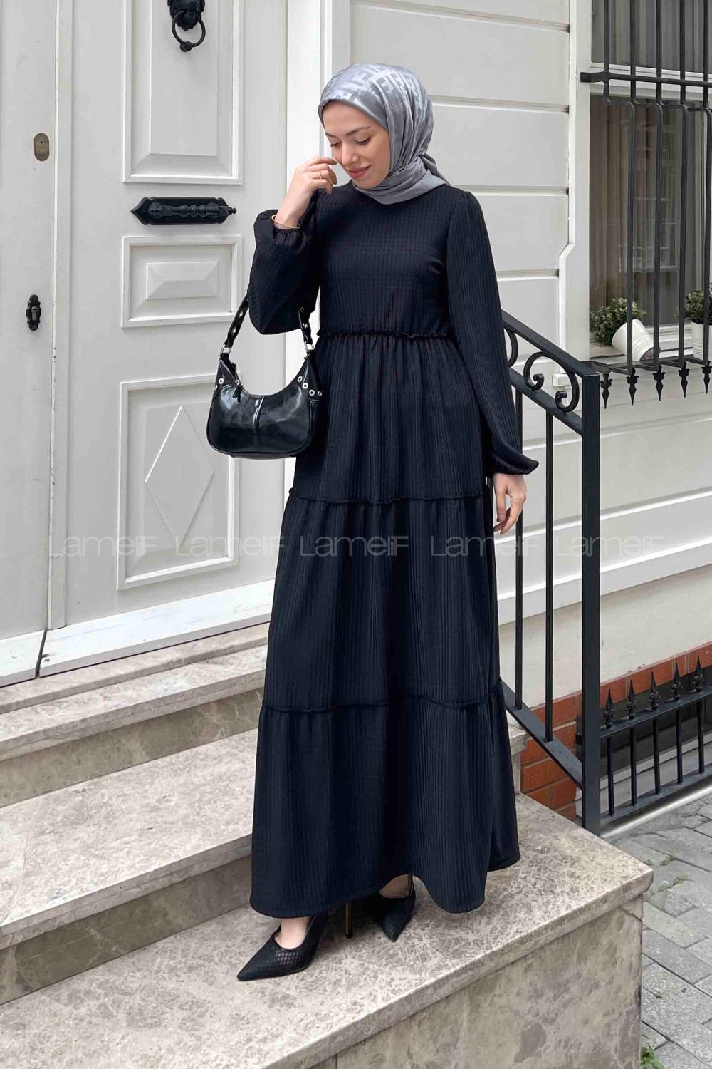 Lamelif Desenli Katlı Elbise Siyah