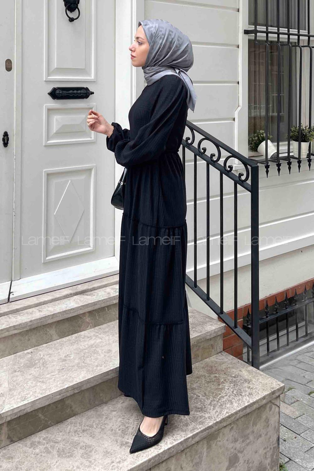 Lamelif Desenli Katlı Elbise Siyah