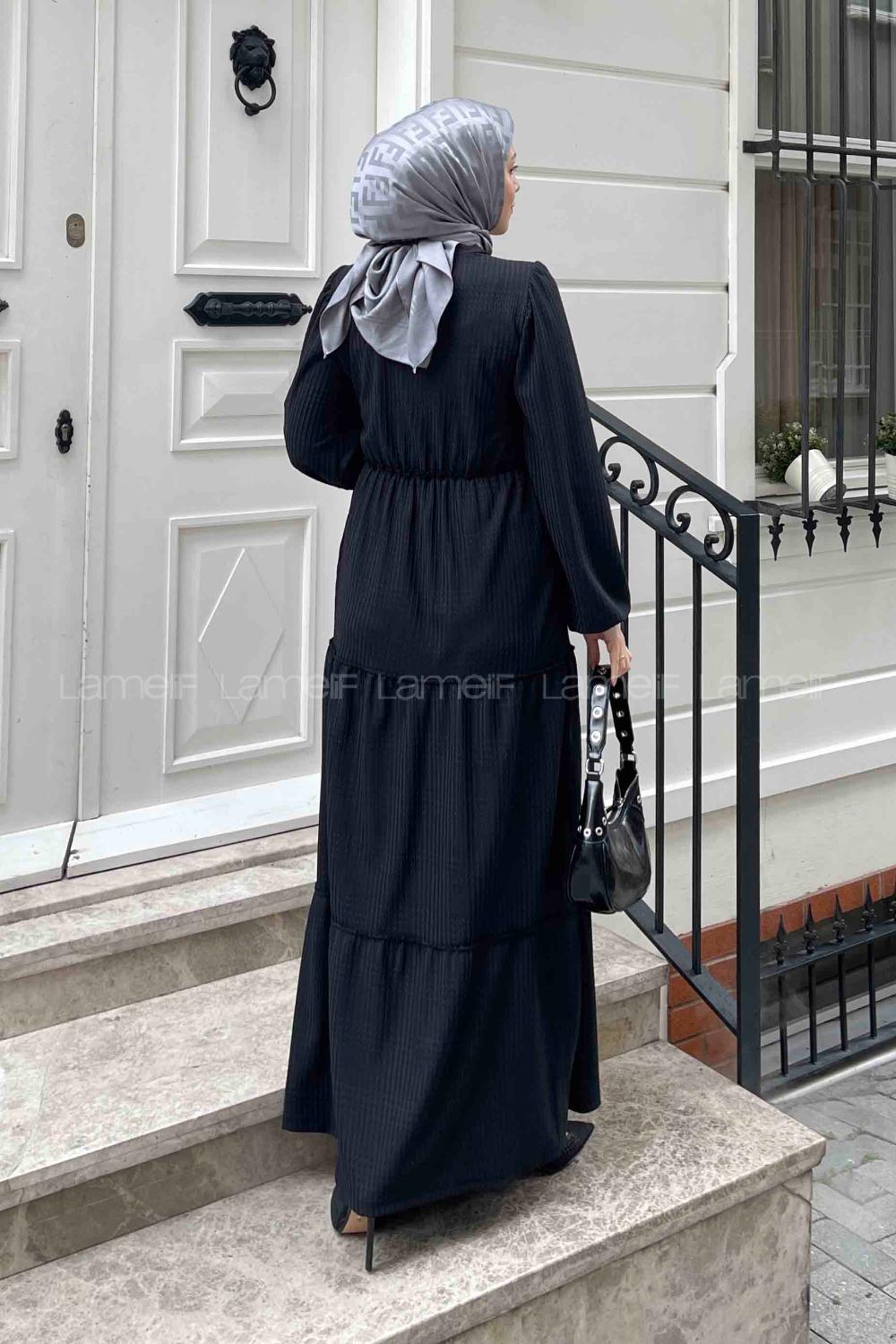 Lamelif Desenli Katlı Elbise Siyah