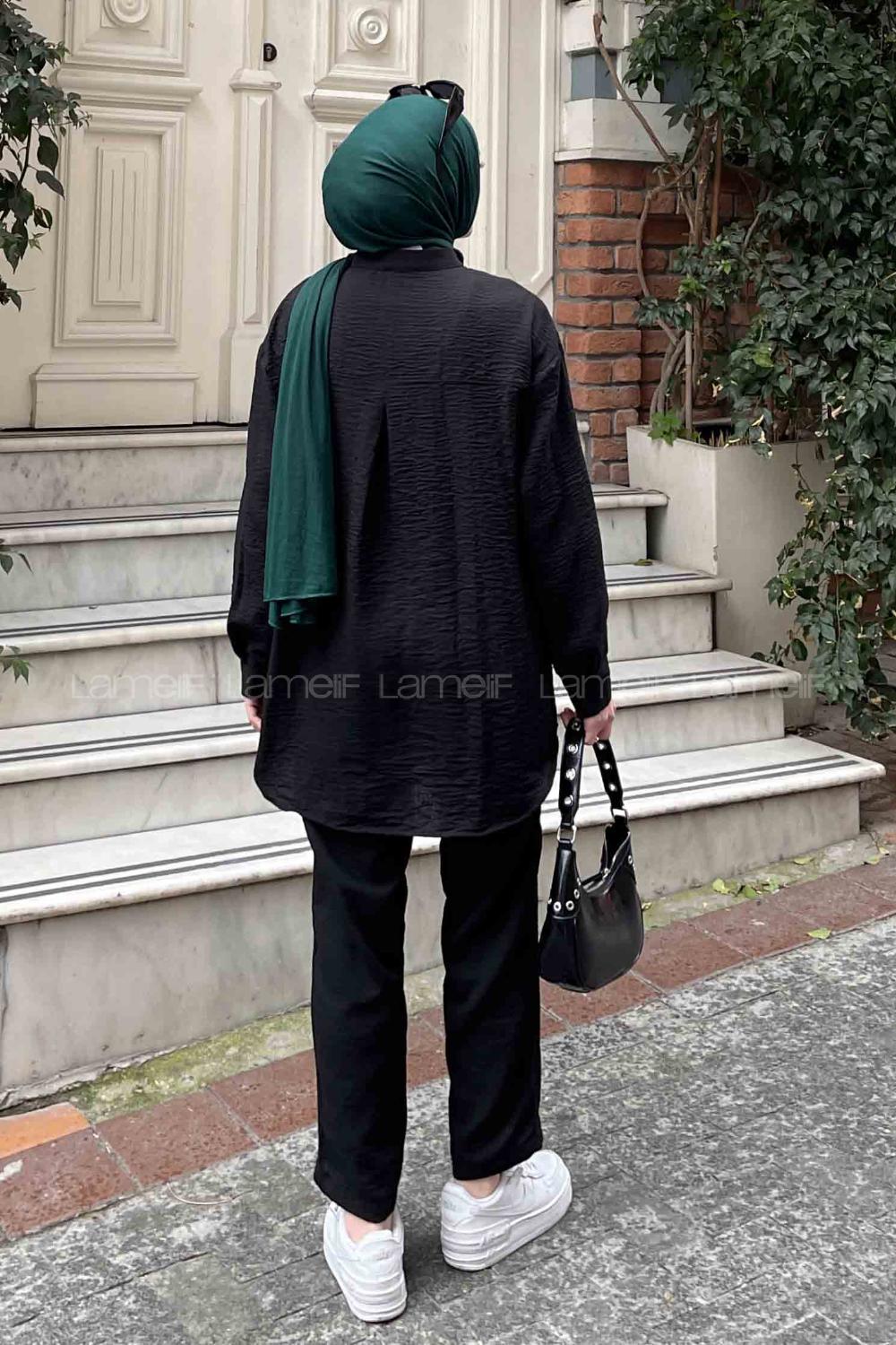 Lamelif İkili Keten Tesettür Takım Siyah