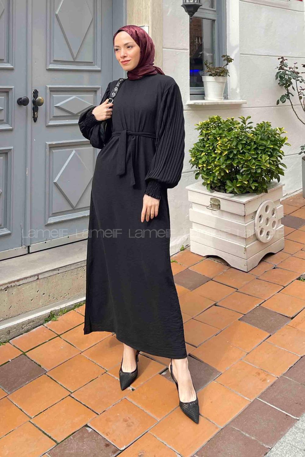 Lamelif Kol Plise Detaylı Elbise Siyah