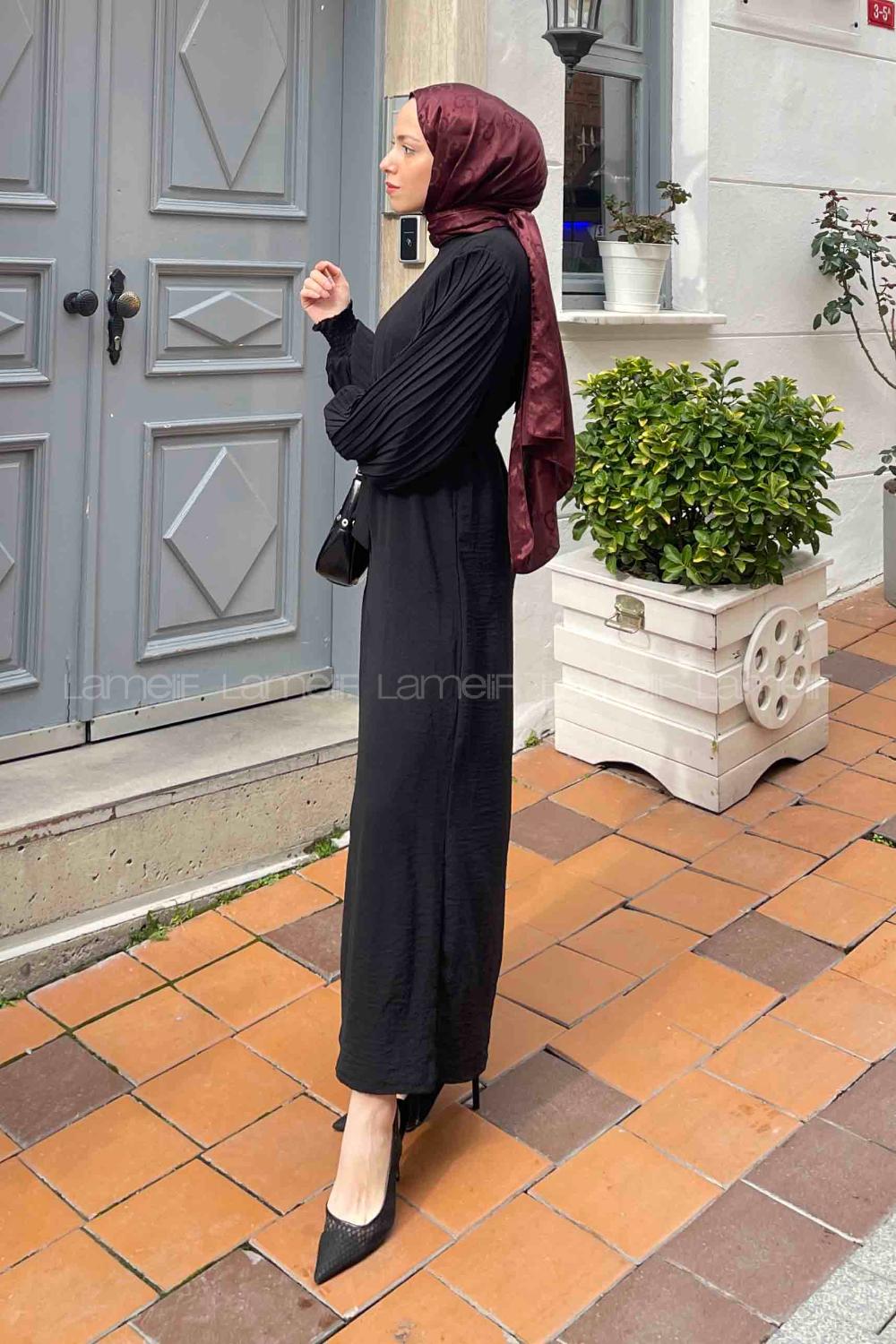 Lamelif Kol Plise Detaylı Elbise Siyah