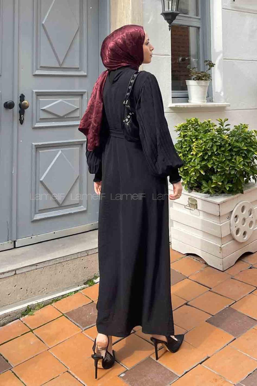 Lamelif Kol Plise Detaylı Elbise Siyah