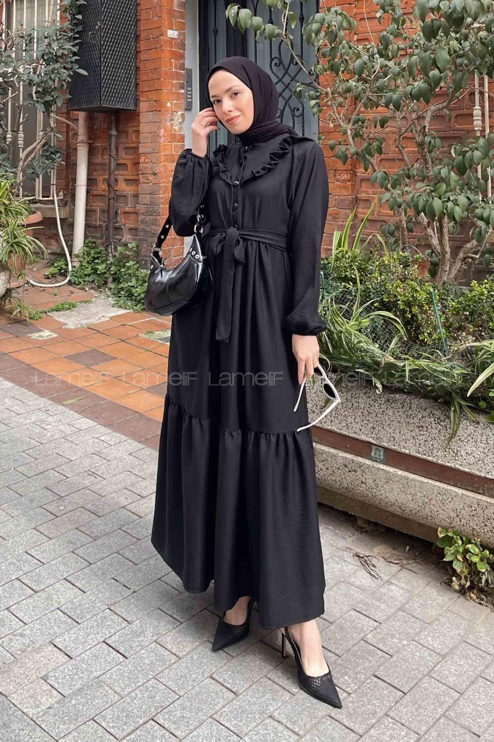 Lamelif Roba Volan Detaylı Elbise Siyah