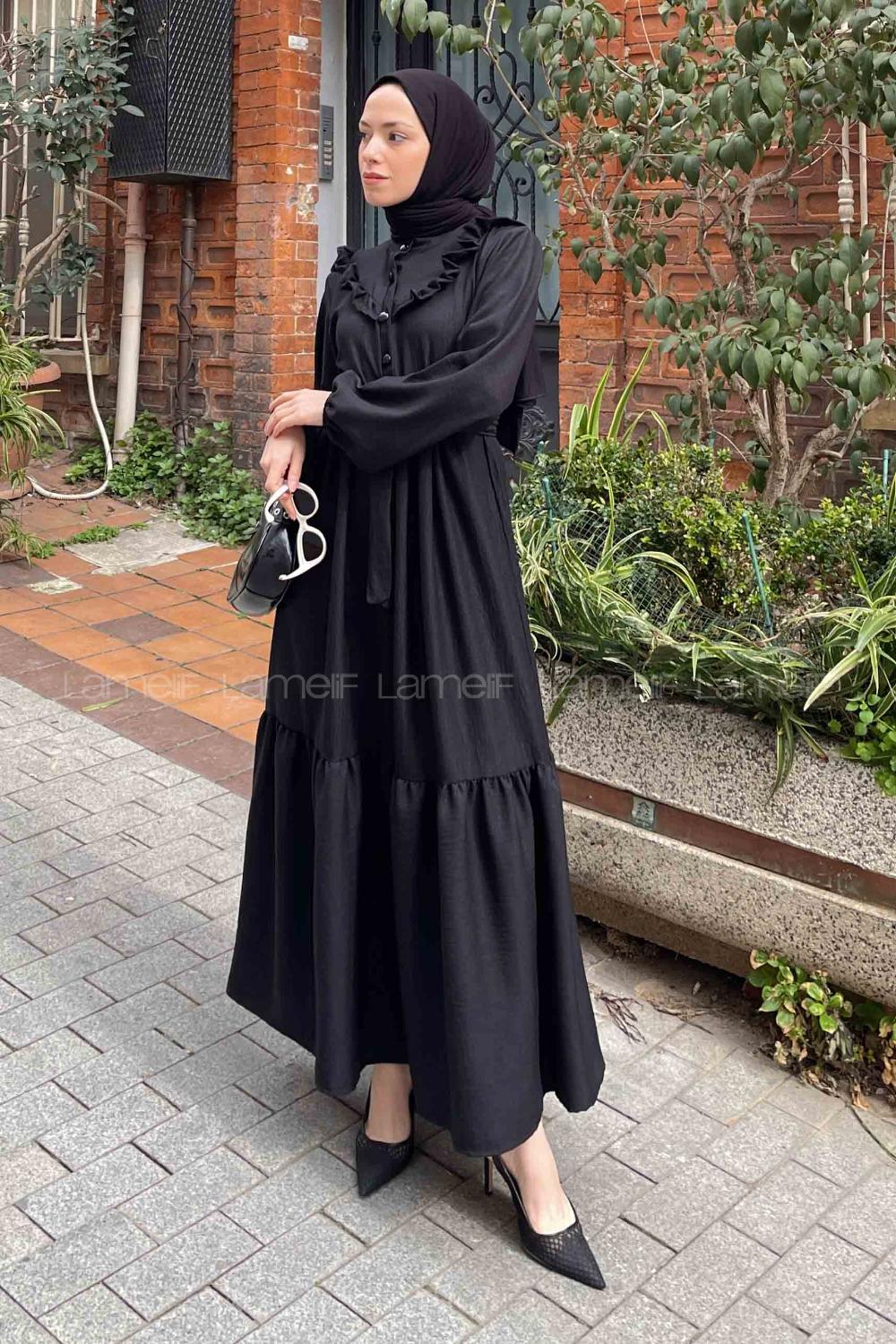 Lamelif Roba Volan Detaylı Elbise Siyah
