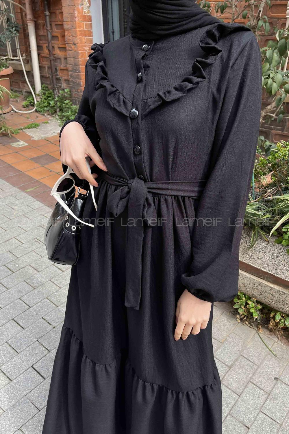 Lamelif Roba Volan Detaylı Elbise Siyah