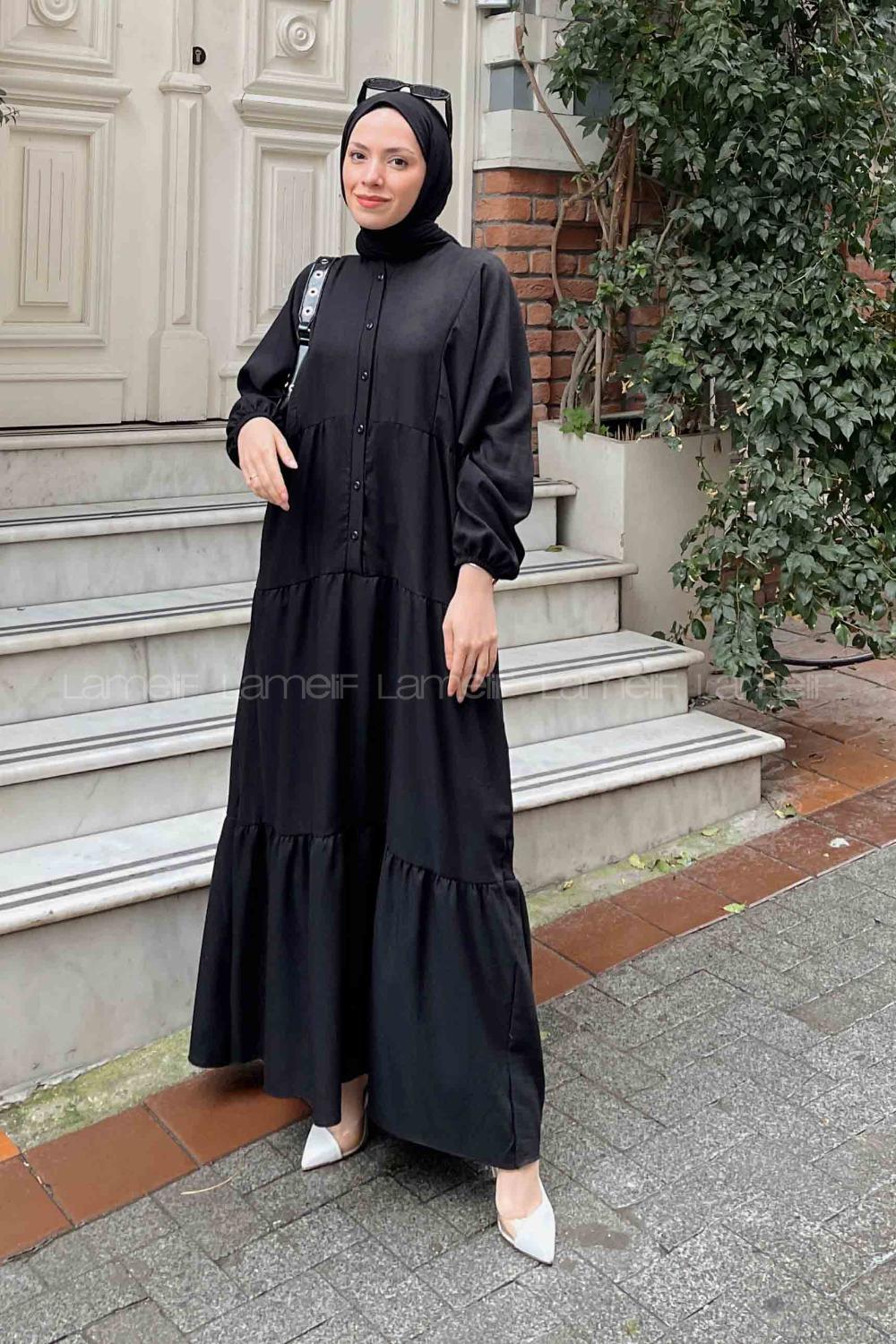 Lamelif Yarasa Kol Elbise Siyah