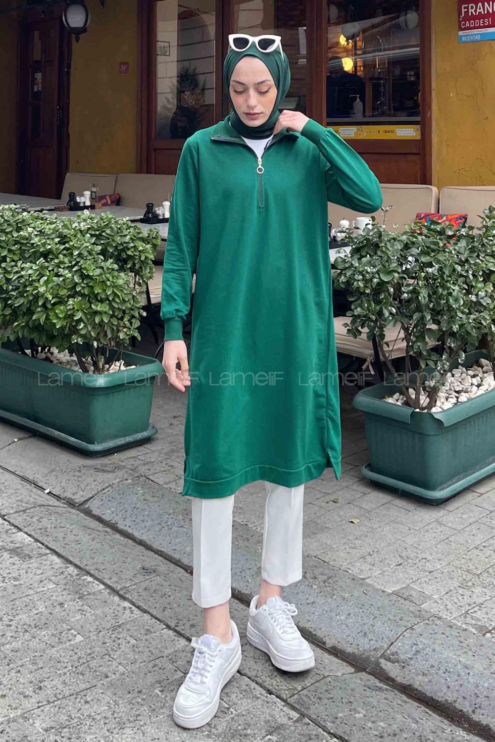 Emerald Green Choker Neck Combed Fabric Tunic