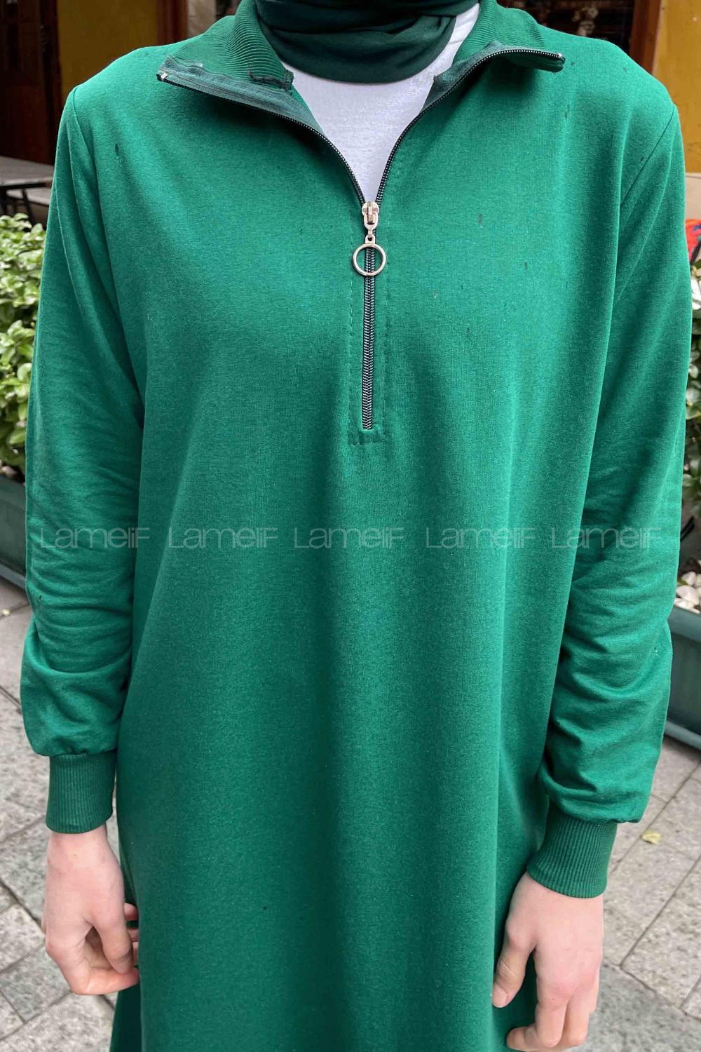 Emerald Green Choker Neck Combed Fabric Tunic