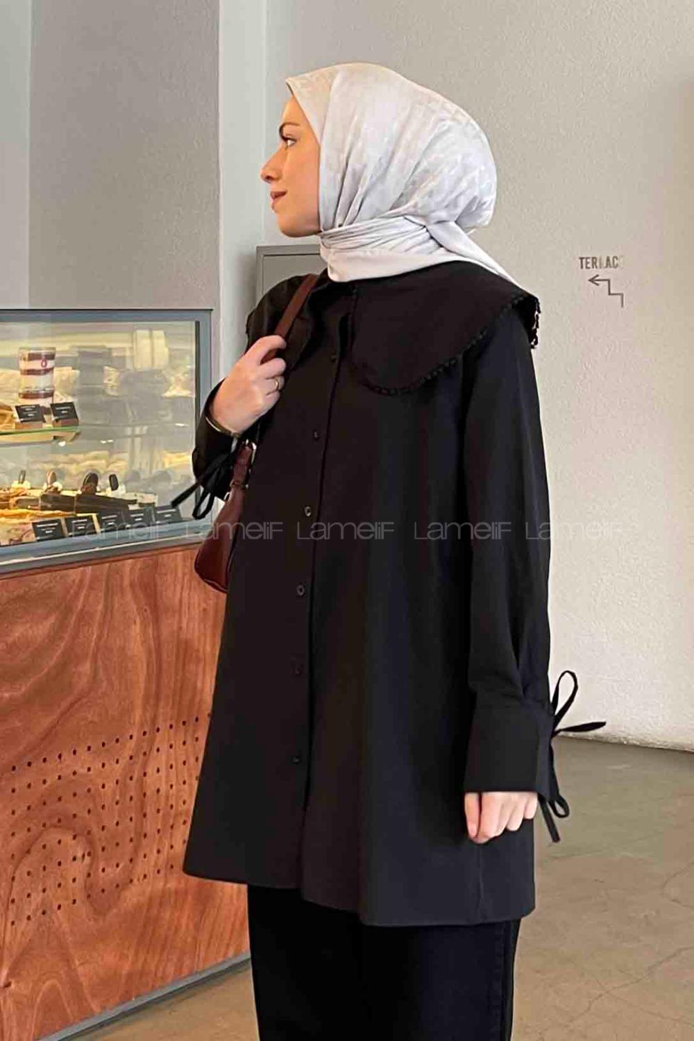 Lamelif  Bebe Yakalı Gömlek Siyah