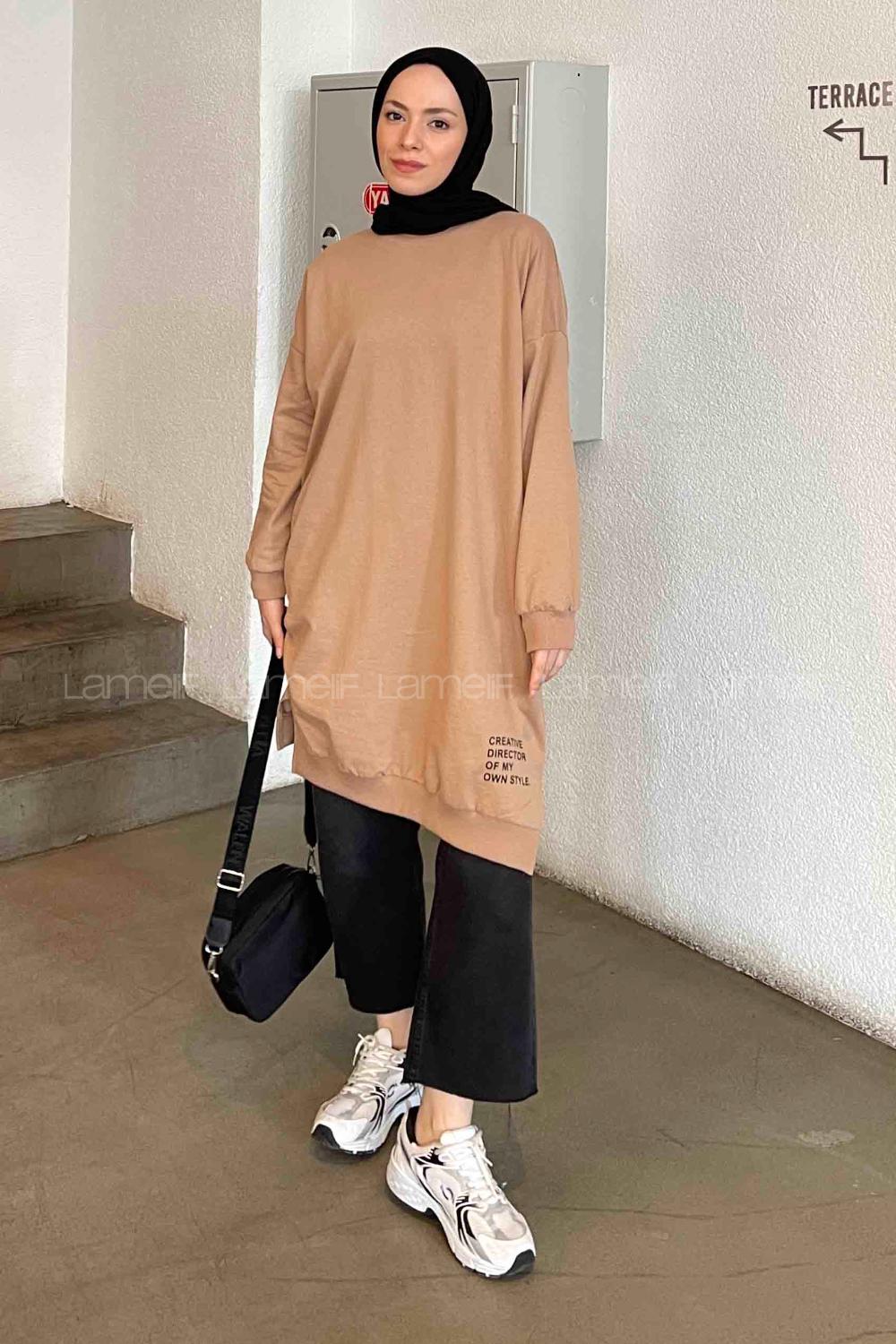 Lamelif Eteği Baskı Detaylı Yırtmaçlı Tunik Sütlü Kahve