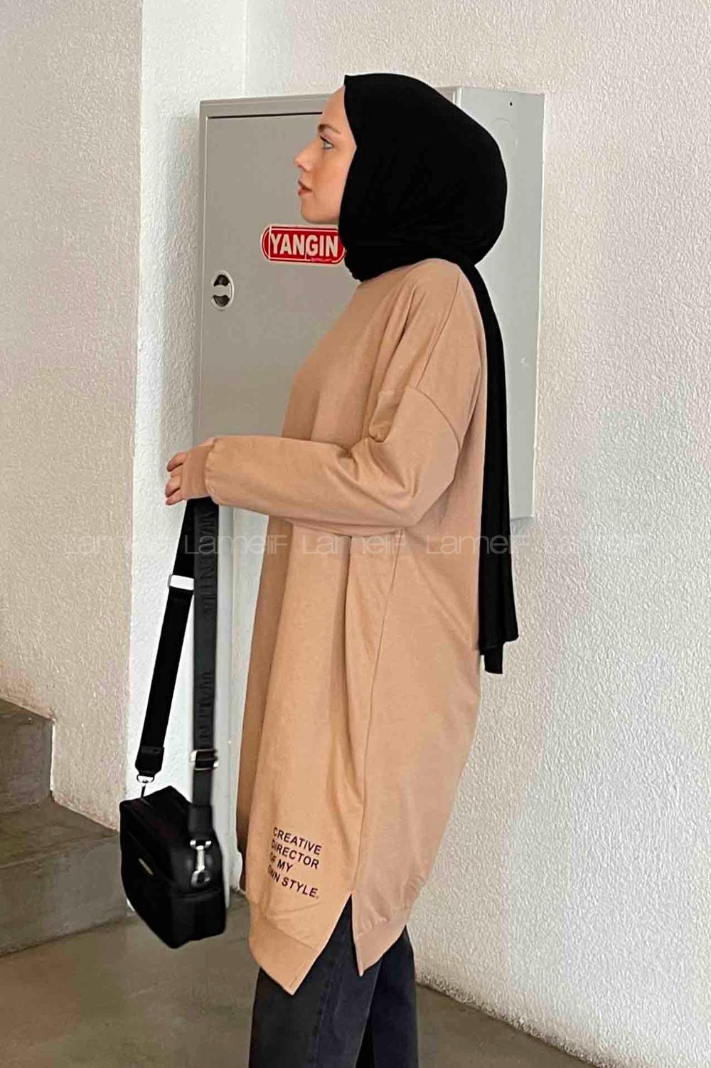 Lamelif Eteği Baskı Detaylı Yırtmaçlı Tunik Sütlü Kahve