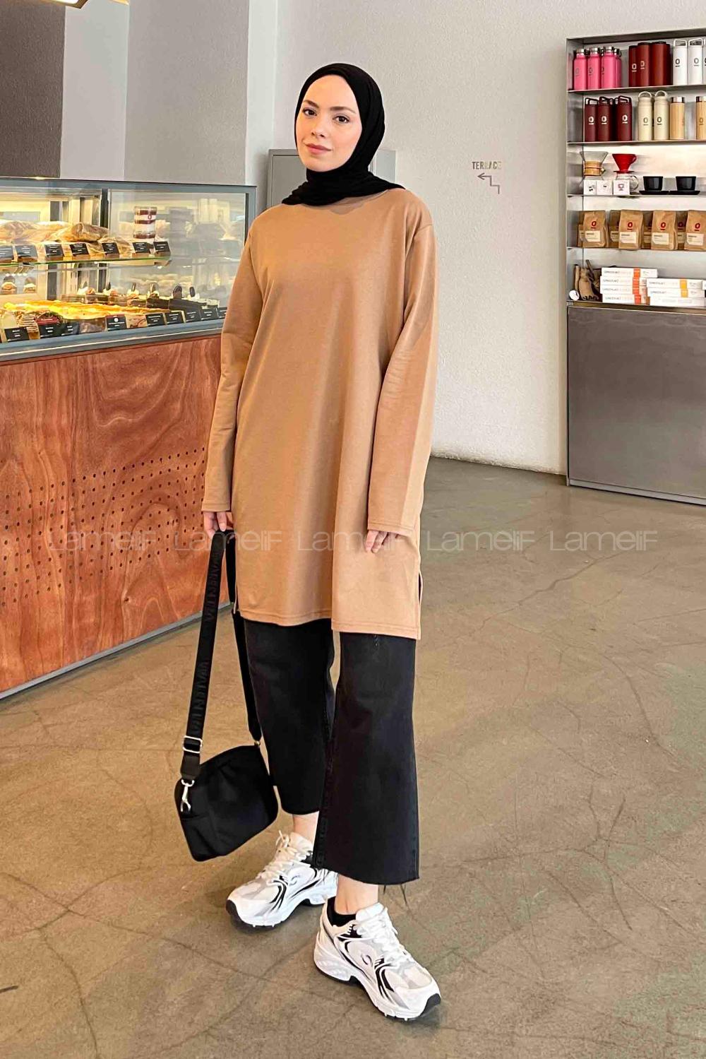 Brown With Milk Crew Neck Poplin Fabric Elastan Tunic